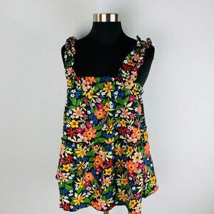 Shein Curve Colorful Variety Of Flowers Print Ruffle Strap Sleeves Tank Top 0XL